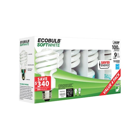 Feit Electric Feit Ecobulb 23 W A19 2.35 in. D X 4.8 in. L CFL Bulb Soft White Utility 2700 K 4 pk ESL23TM/4/RP